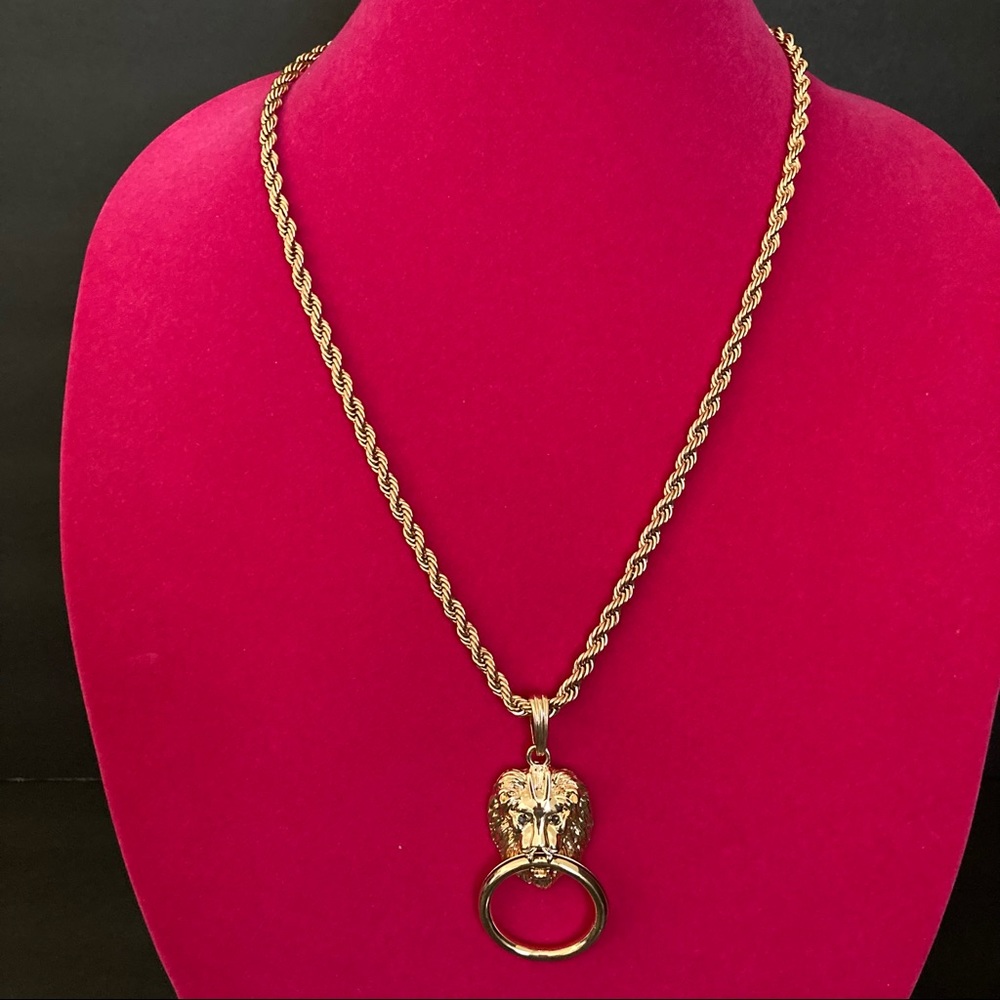 Long Necklaces Lion Face Charm | Gold Tone | Size L 11" and Charm L 3" W 1"